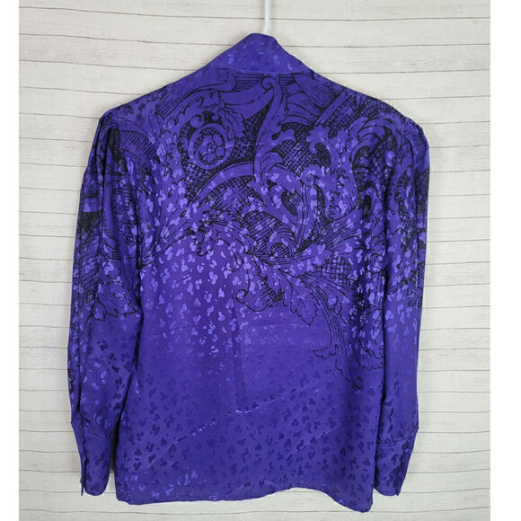 Louis Feraud Art Deco High Collar Lux Satin Button Down Blouse, sz 4 - Picture 7 of 16